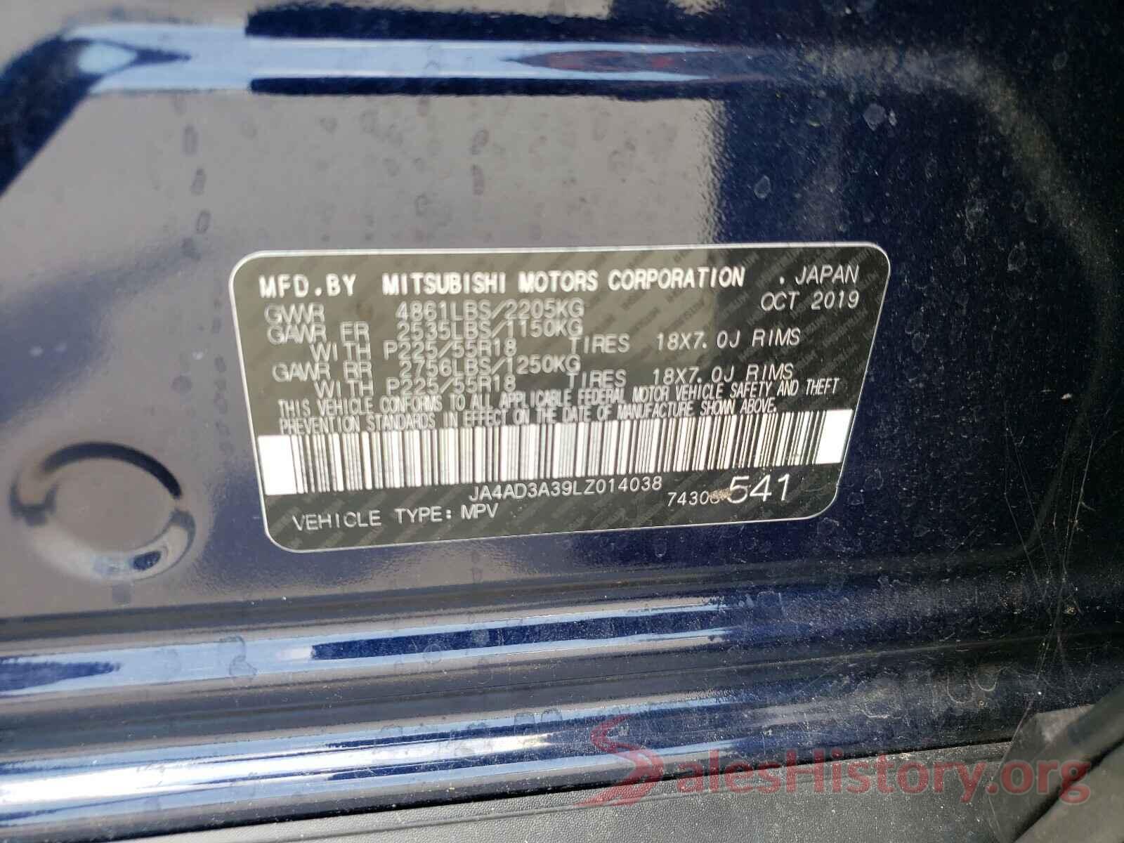 JA4AD3A39LZ014038 2020 MITSUBISHI OUTLANDER