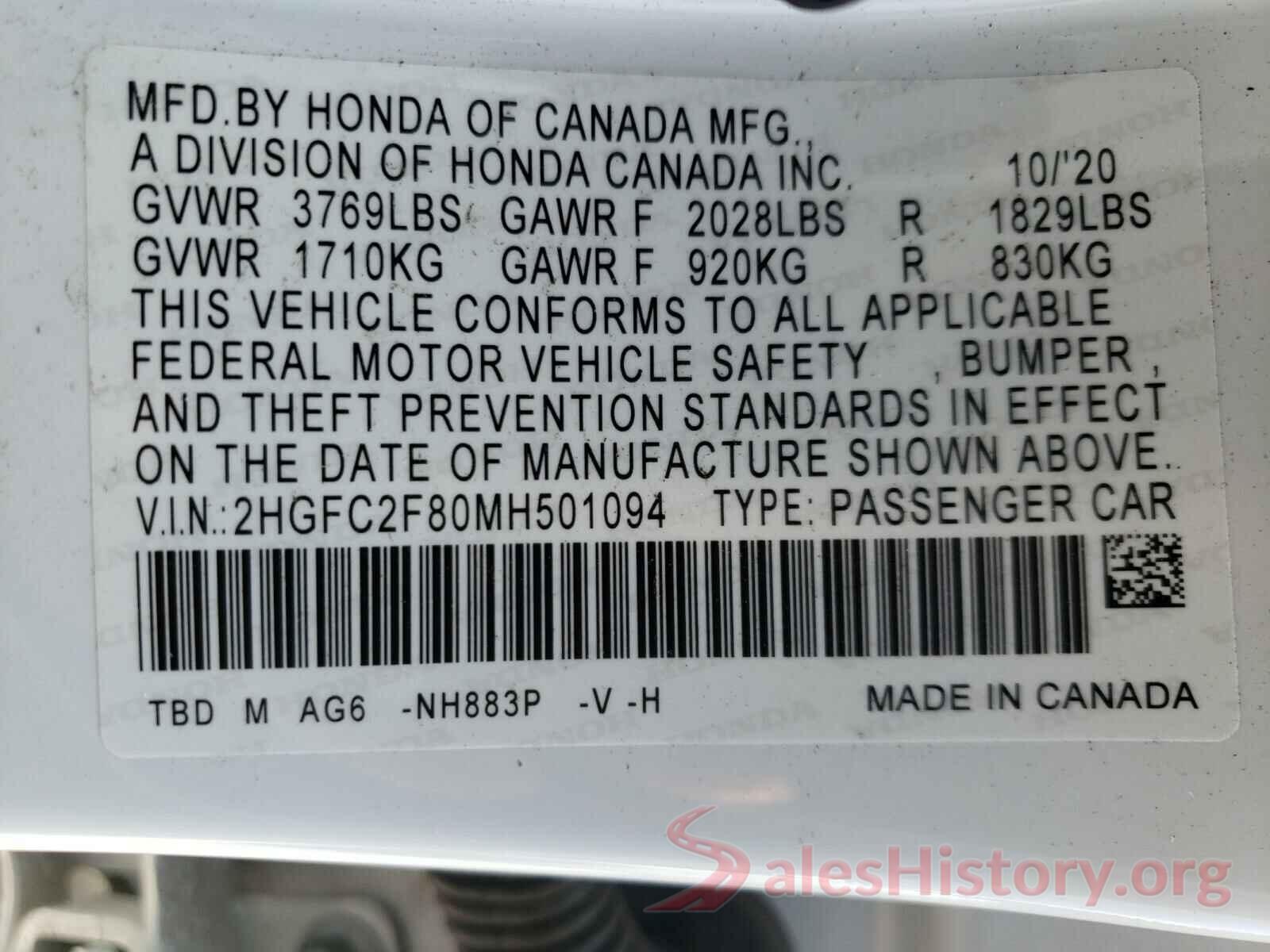 2HGFC2F80MH501094 2021 HONDA CIVIC