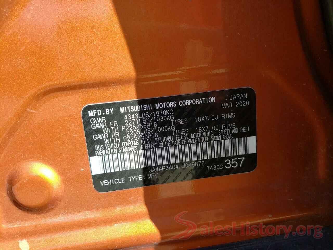 JA4AR3AU4LU029876 2020 MITSUBISHI OUTLANDER