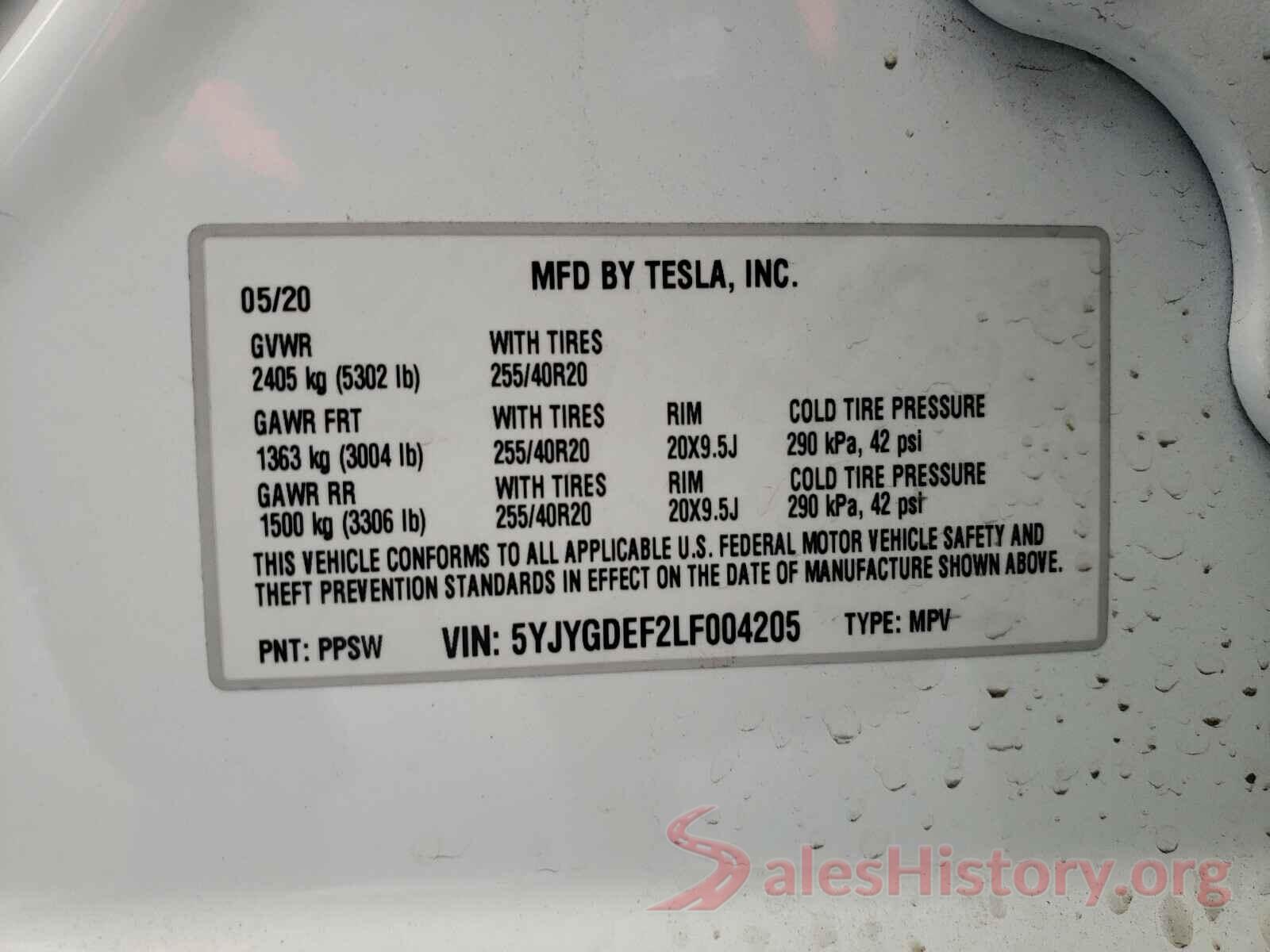 5YJYGDEF2LF004205 2020 TESLA MODEL Y