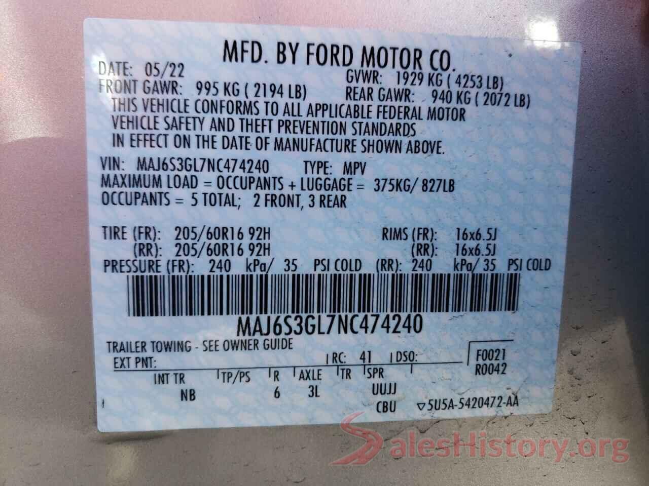 MAJ6S3GL7NC474240 2022 FORD ECOSPORT