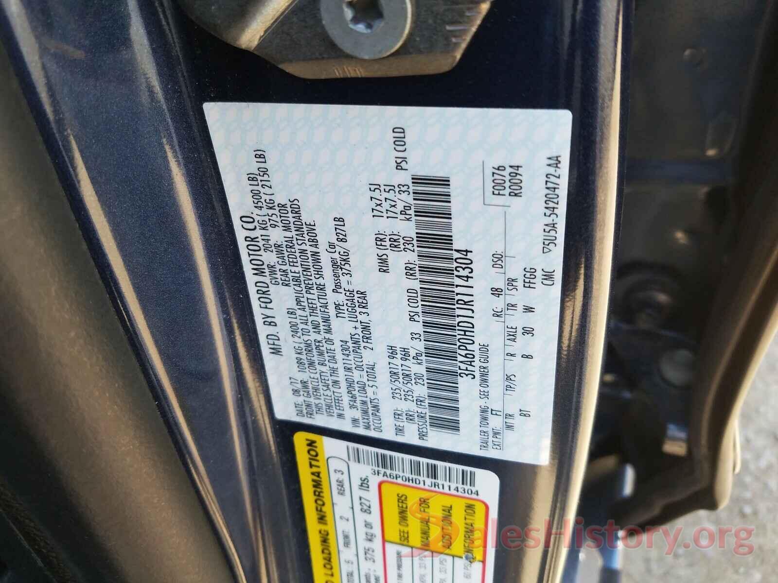 3FA6P0HD1JR114304 2018 FORD FUSION