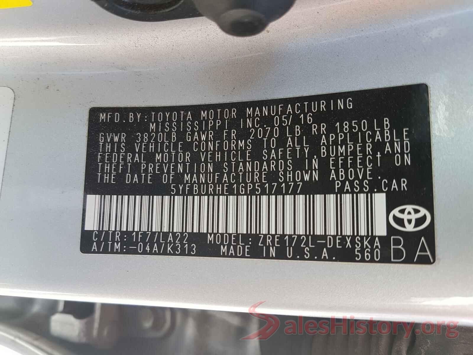 5YFBURHE1GP517177 2016 TOYOTA COROLLA