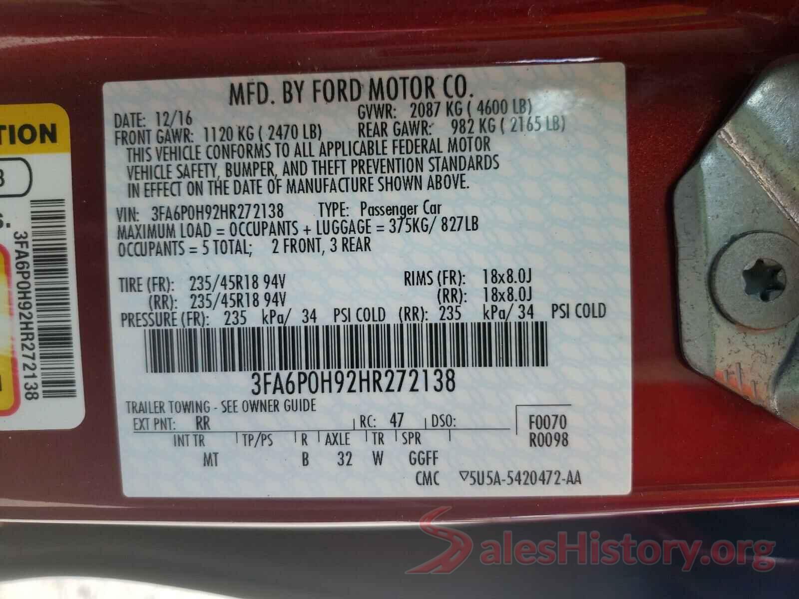 3FA6P0H92HR272138 2017 FORD FUSION