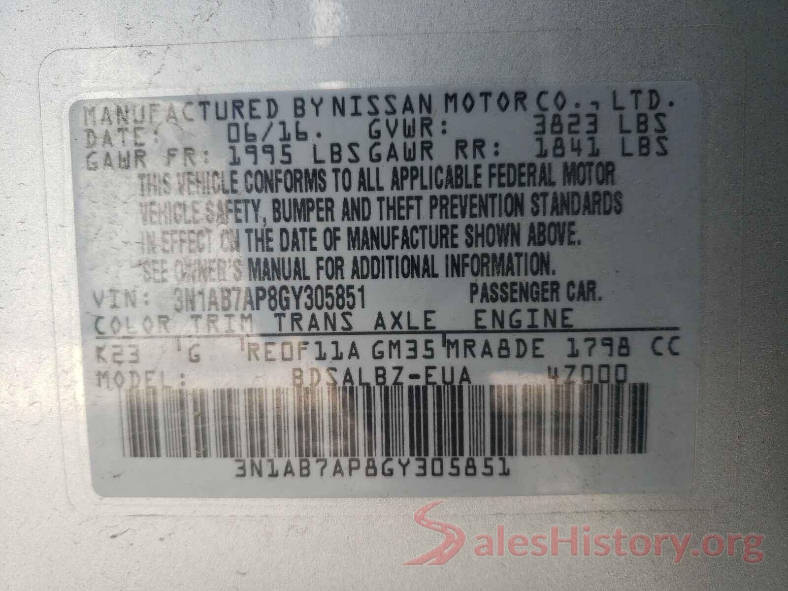 3N1AB7AP8GY305851 2016 NISSAN SENTRA