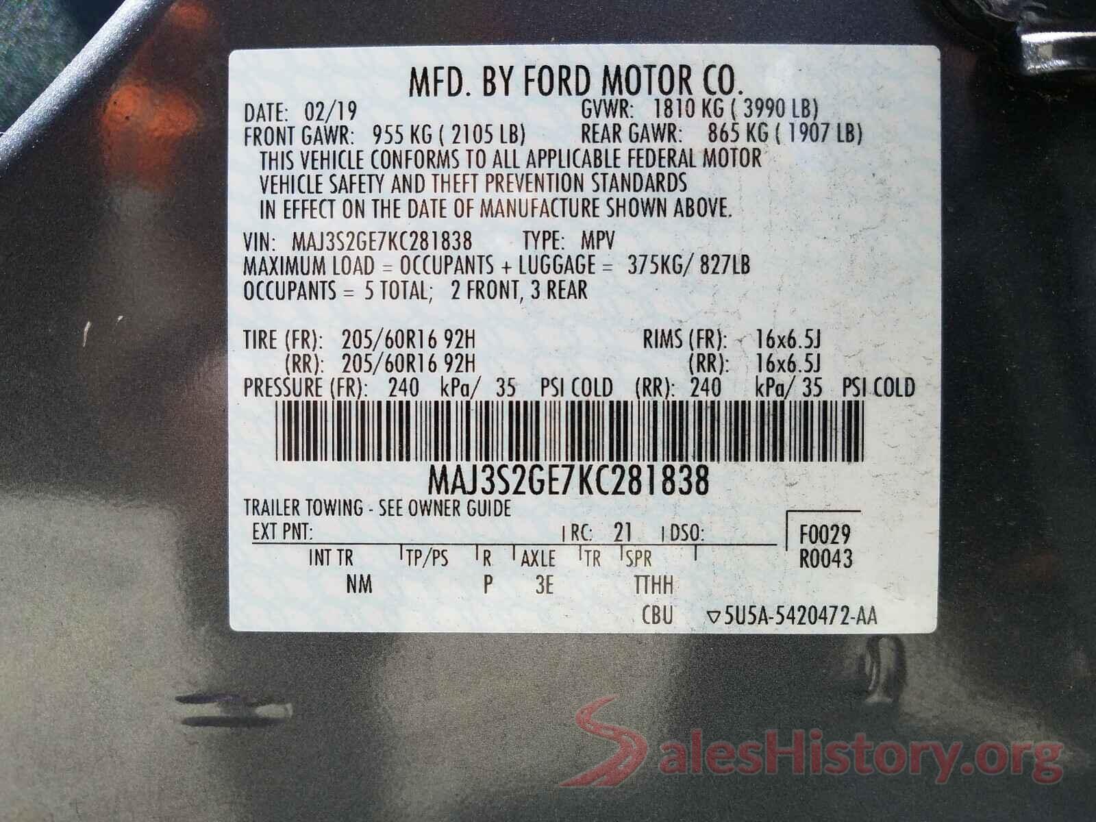 MAJ3S2GE7KC281838 2019 FORD ALL OTHER