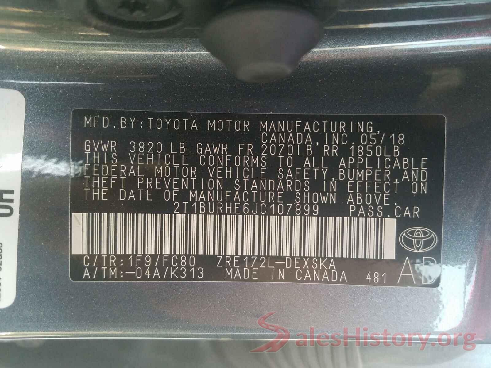 2T1BURHE6JC107899 2018 TOYOTA COROLLA