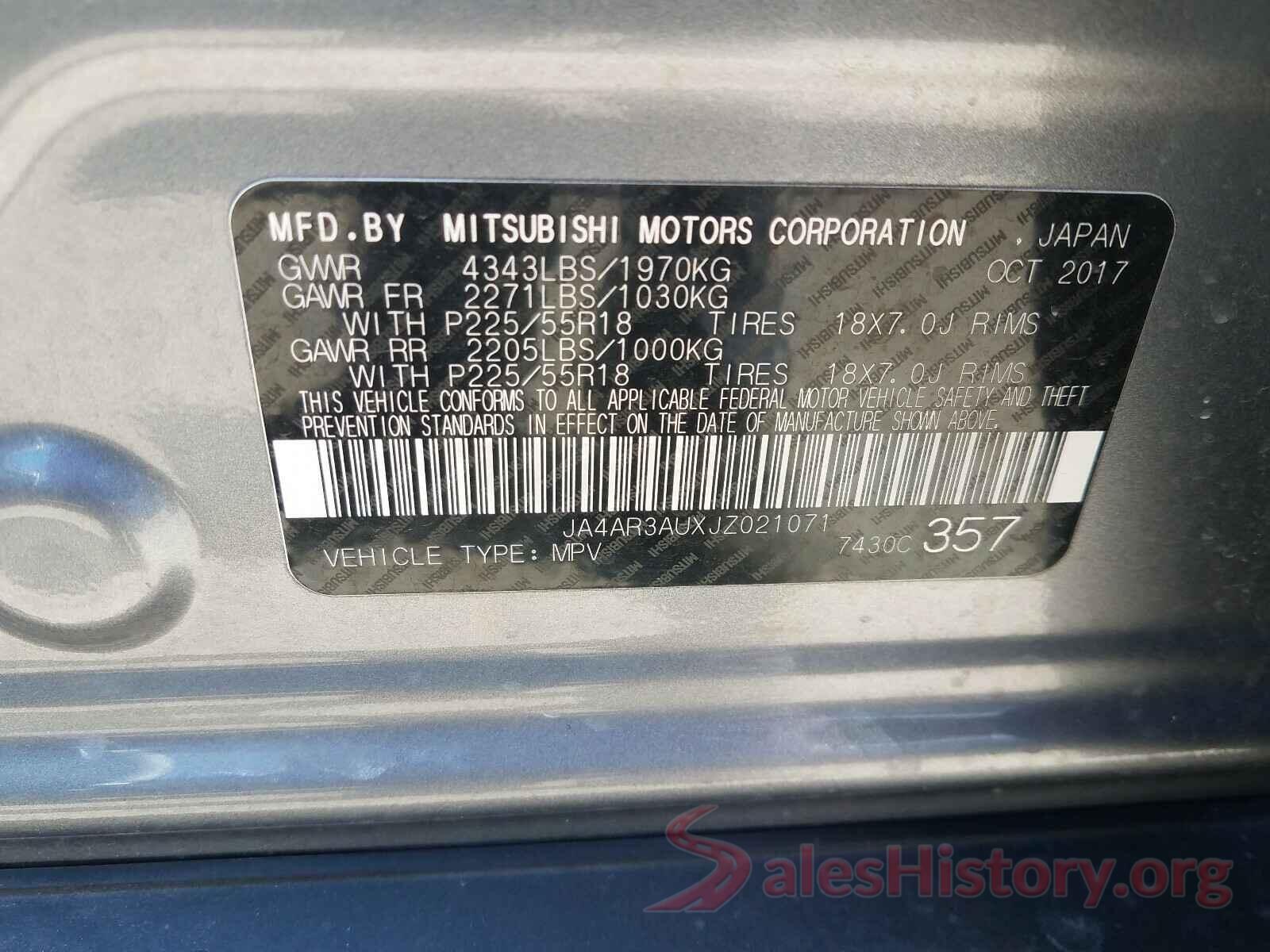 JA4AR3AUXJZ021071 2018 MITSUBISHI OUTLANDER