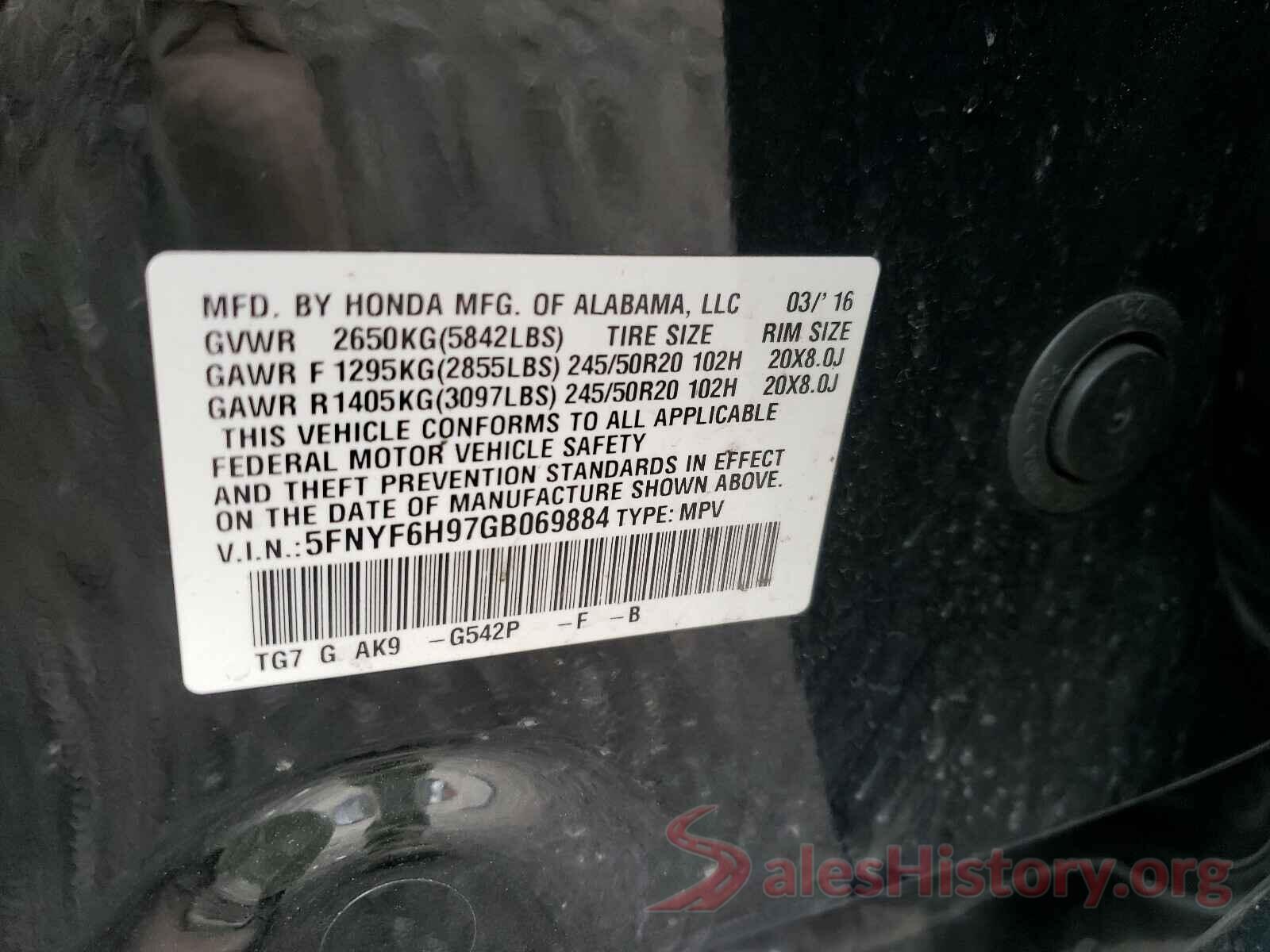 5FNYF6H97GB069884 2016 HONDA PILOT