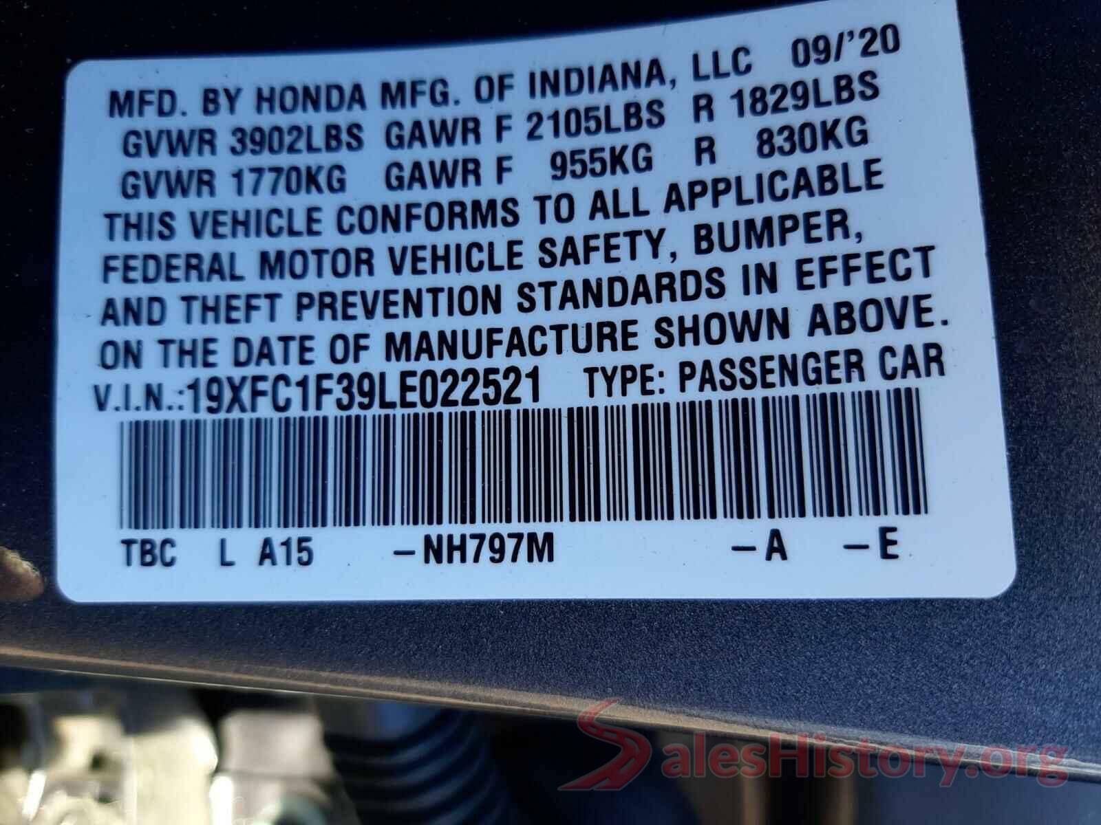 19XFC1F39LE022521 2020 HONDA CIVIC