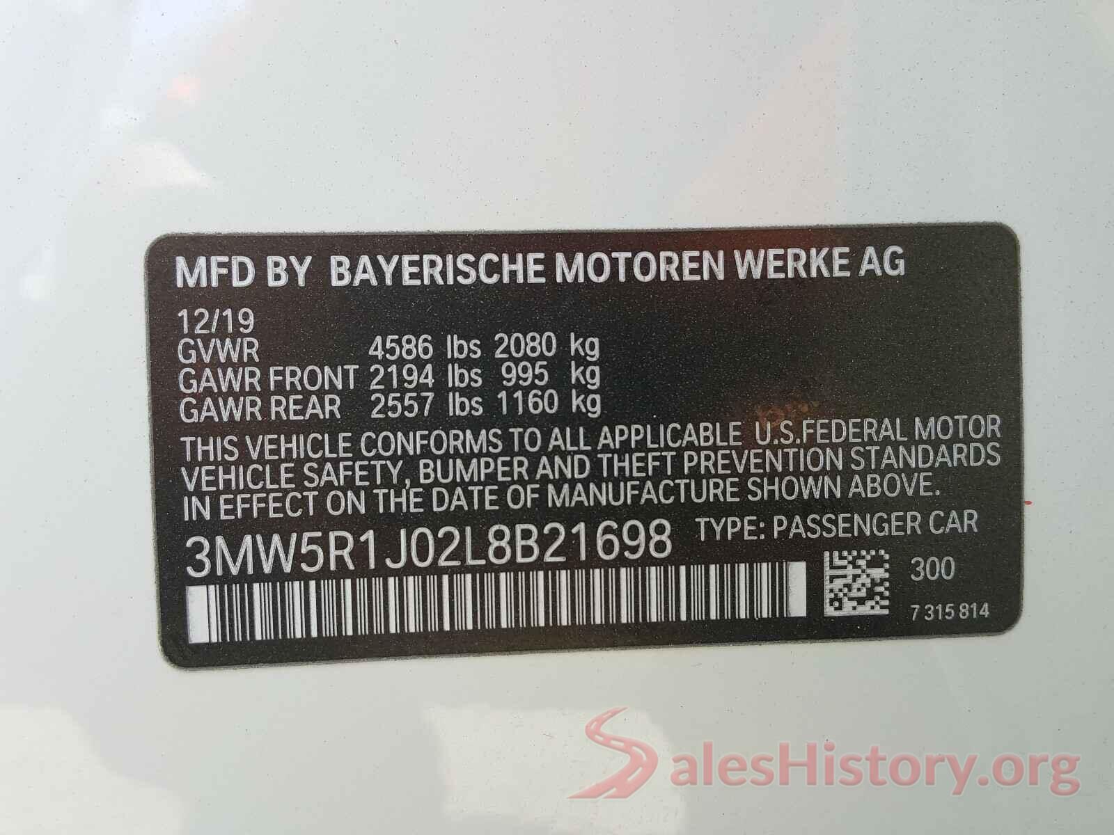 3MW5R1J02L8B21698 2020 BMW 3 SERIES