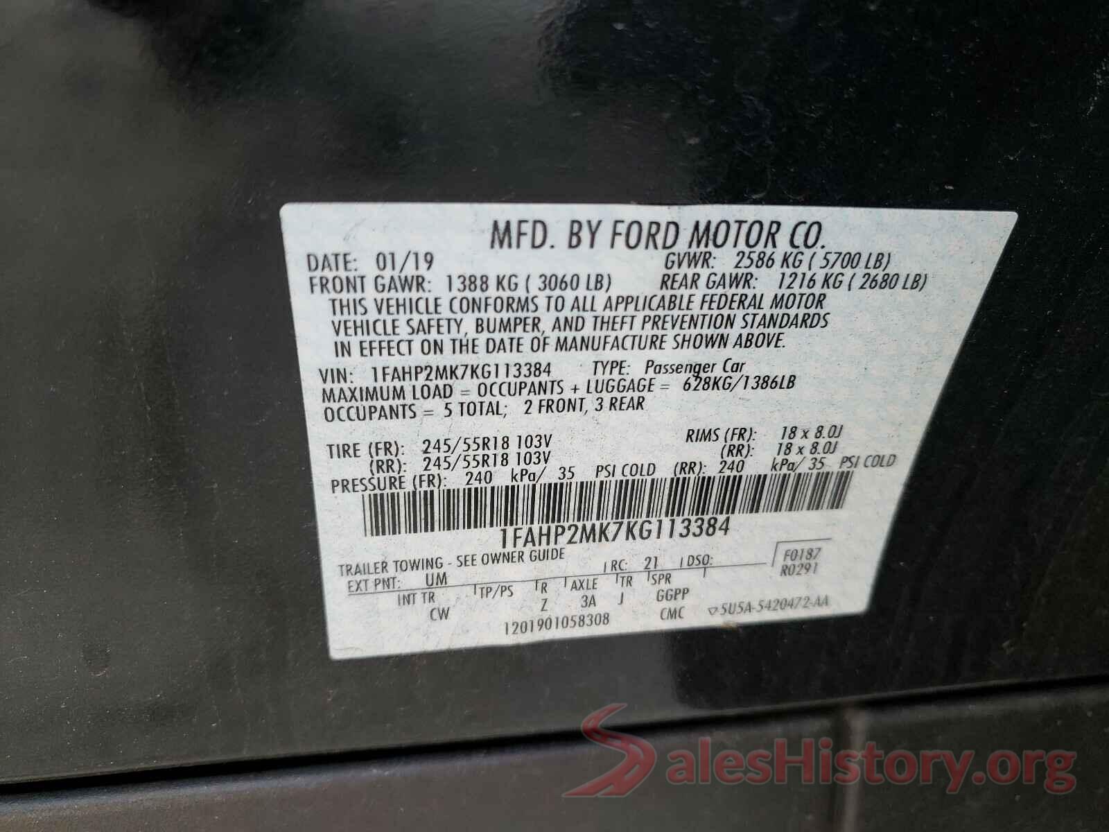 1FAHP2MK7KG113384 2019 FORD TAURUS