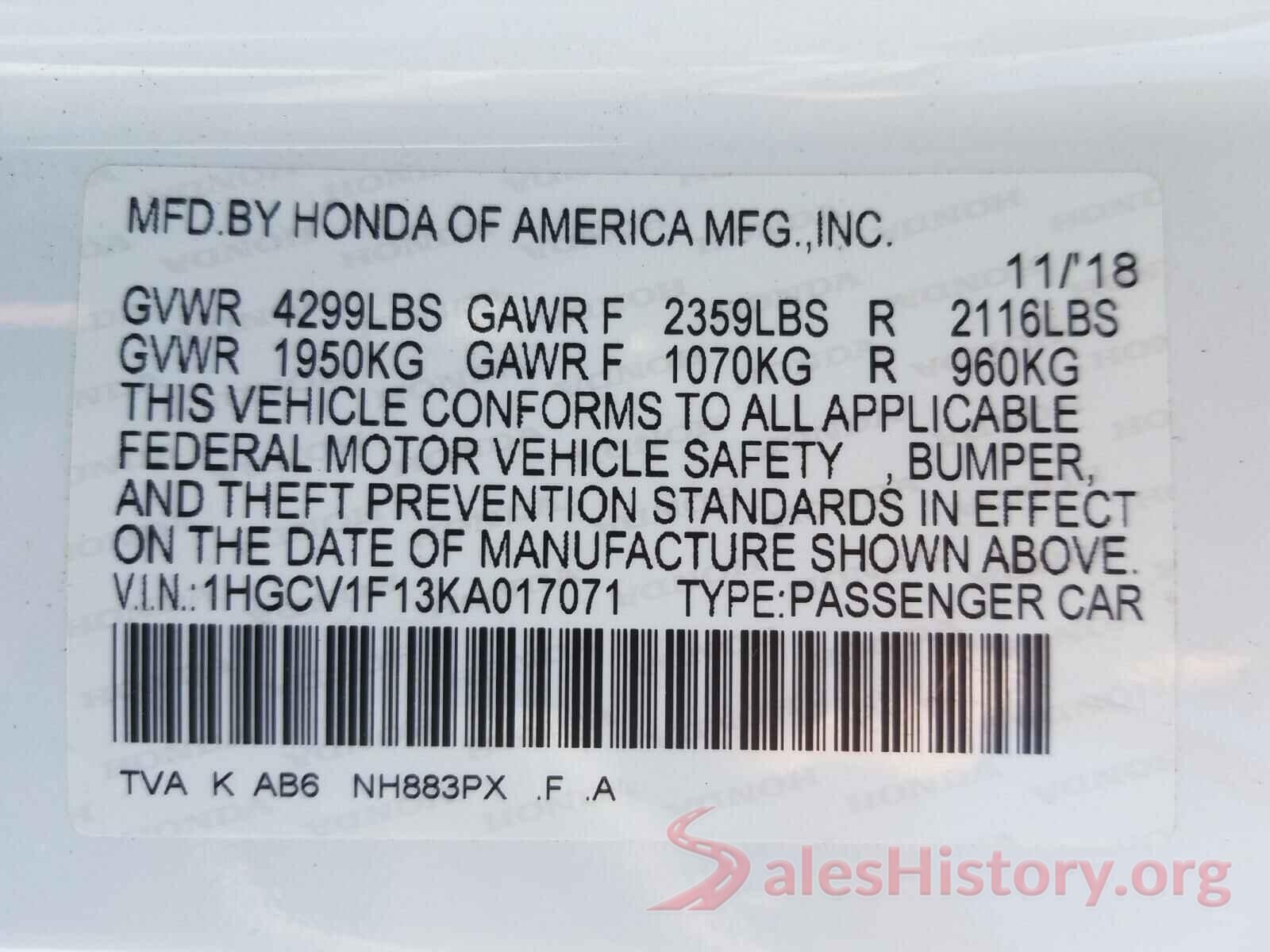 1HGCV1F13KA017071 2019 HONDA ACCORD