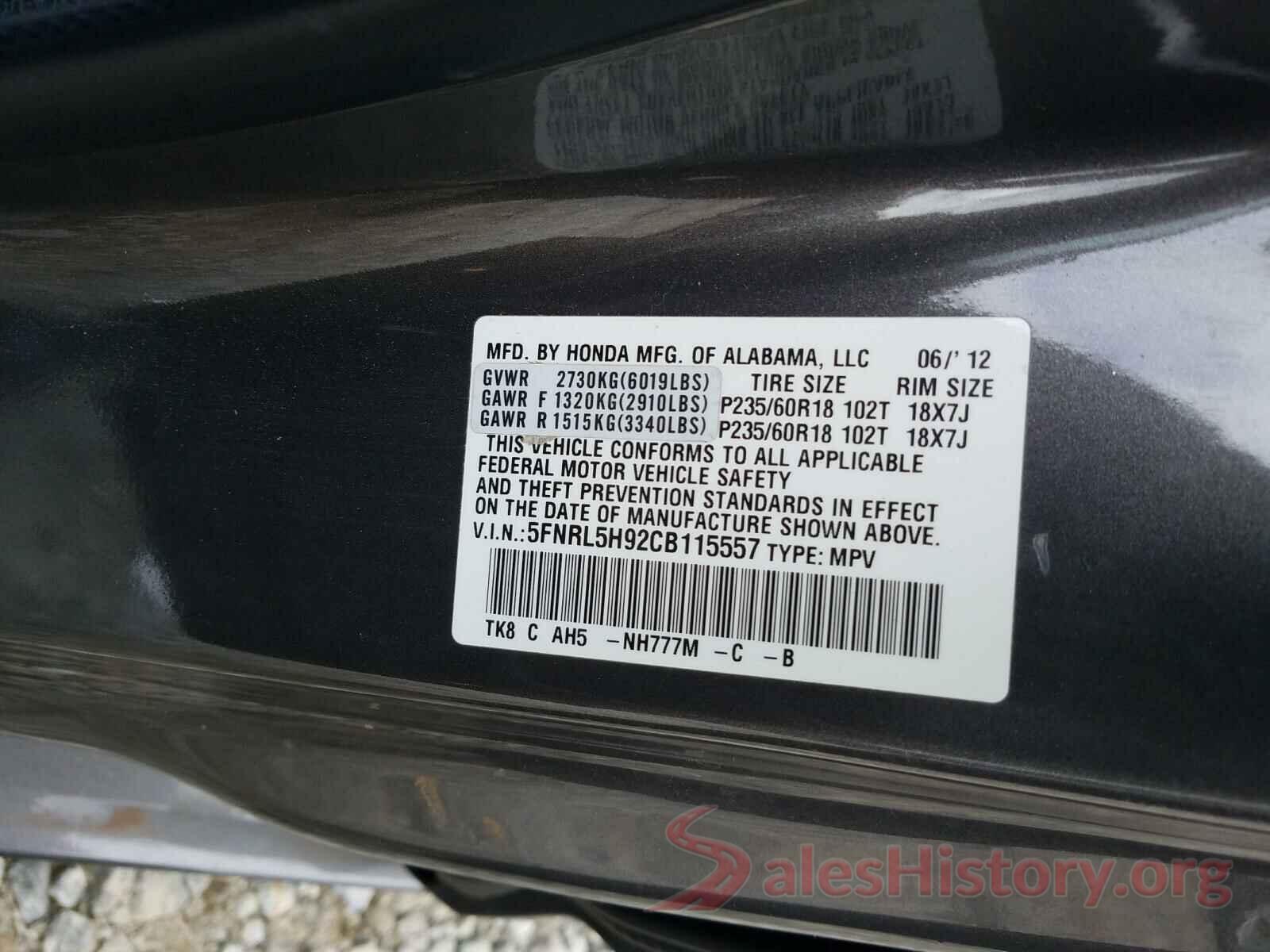 5FNRL5H92CB115557 2012 HONDA ODYSSEY