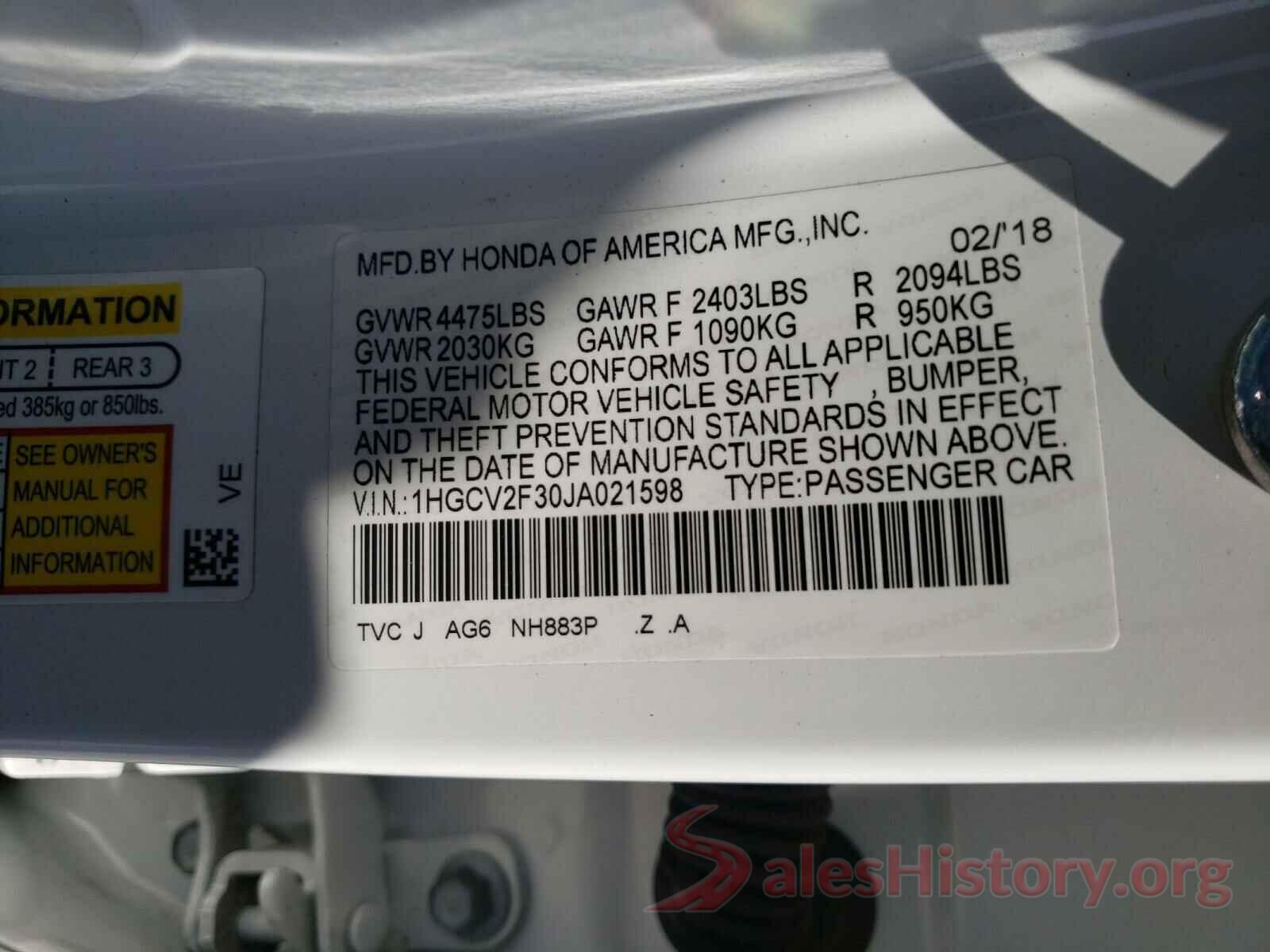 1HGCV2F30JA021598 2018 HONDA ACCORD