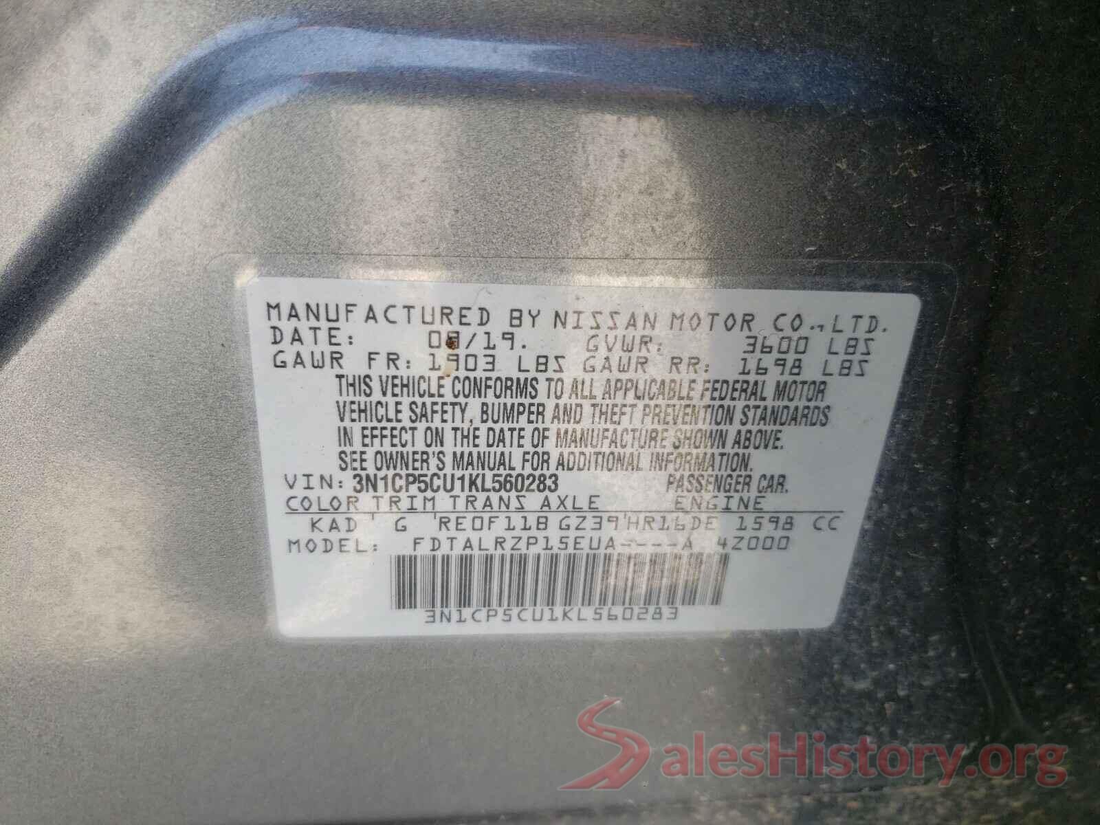 3N1CP5CU1KL560283 2019 NISSAN KICKS