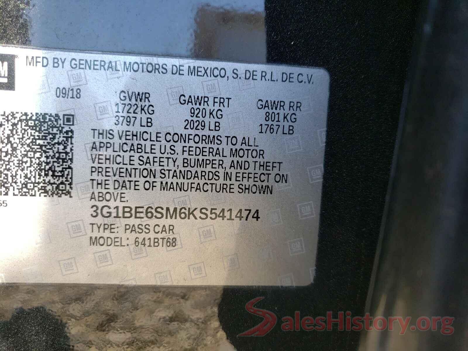 3G1BE6SM6KS541474 2019 CHEVROLET CRUZE