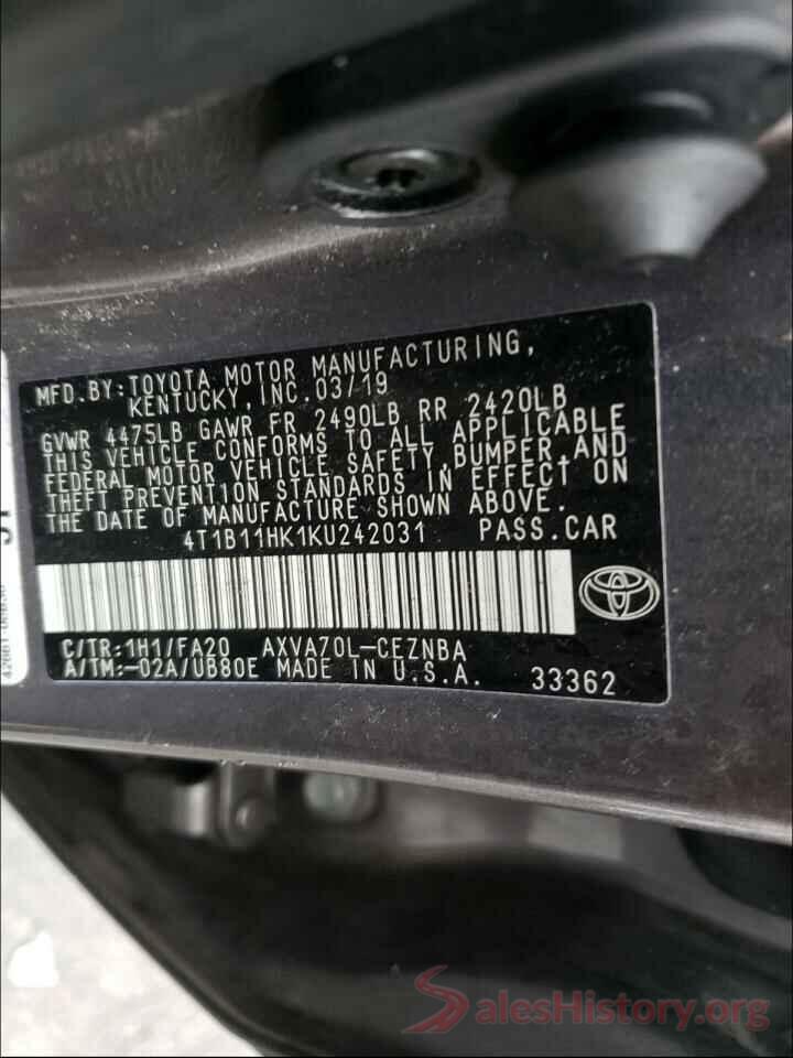 4T1B11HK1KU242031 2019 TOYOTA CAMRY