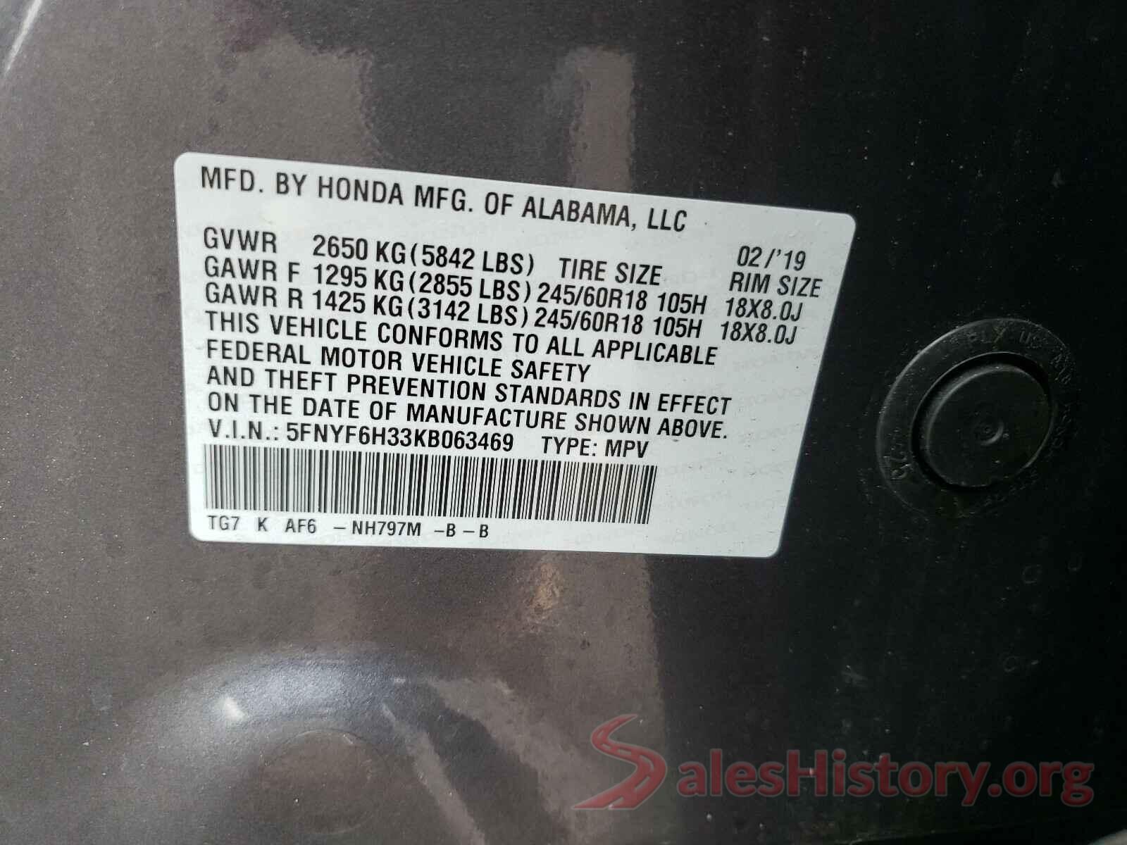 5FNYF6H33KB063469 2019 HONDA PILOT