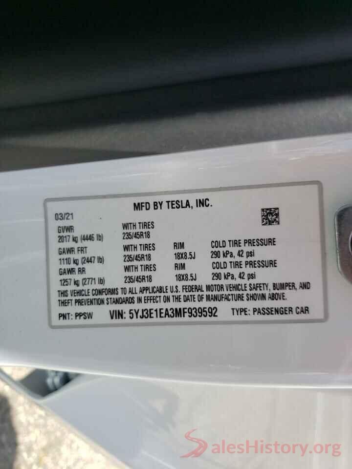 5YJ3E1EA3MF939592 2021 TESLA MODEL 3