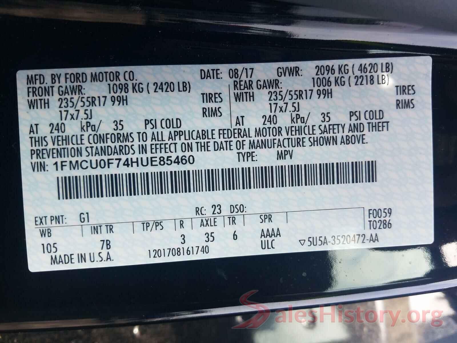 1FMCU0F74HUE85460 2017 FORD ESCAPE