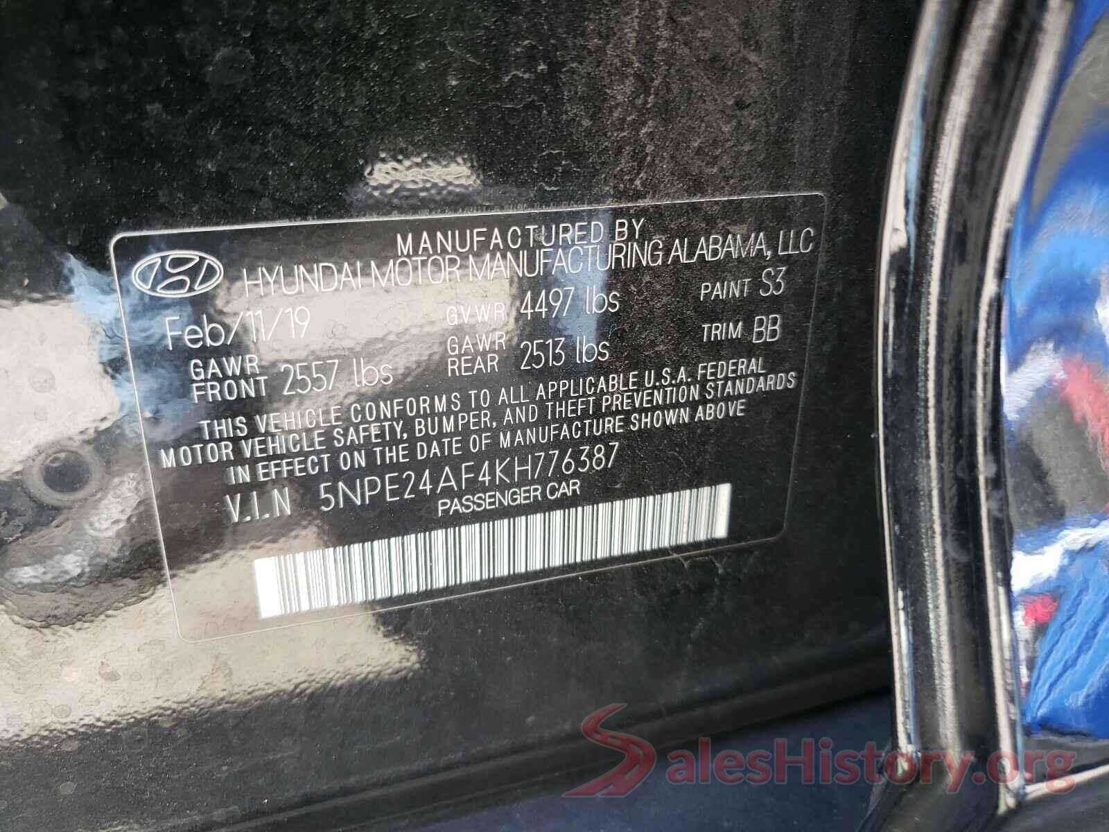 5NPE24AF4KH776387 2019 HYUNDAI SONATA