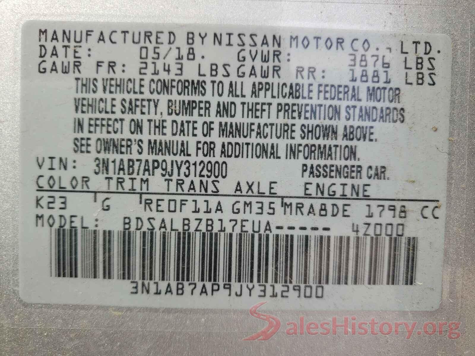 3N1AB7AP9JY312900 2018 NISSAN SENTRA