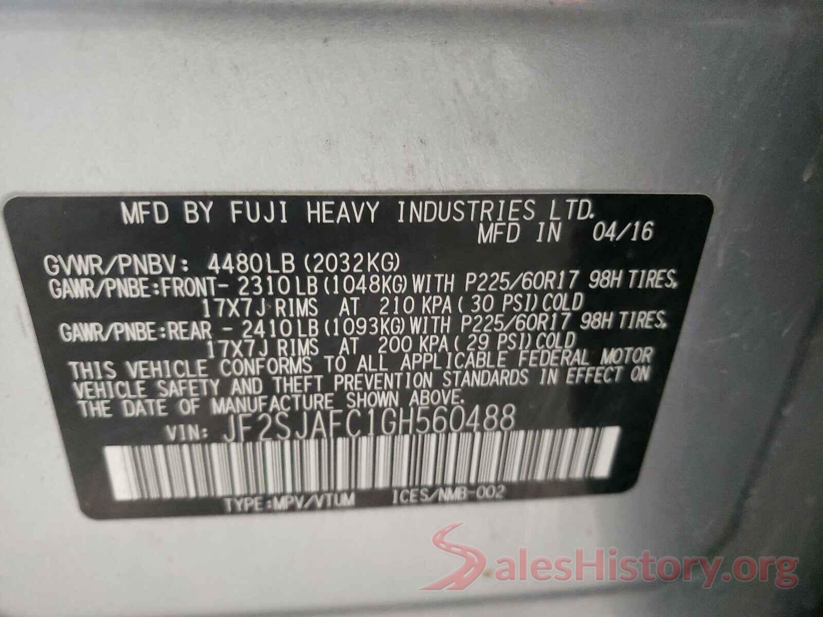 JF2SJAFC1GH560488 2016 SUBARU FORESTER