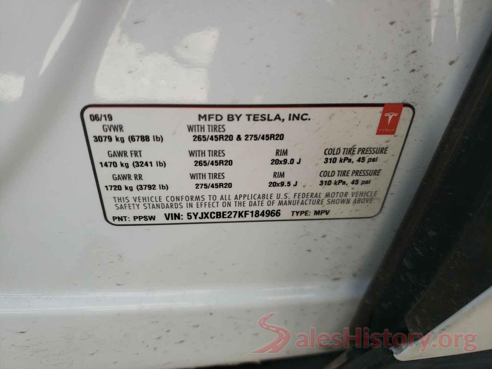 5YJXCBE27KF184966 2019 TESLA MODEL X