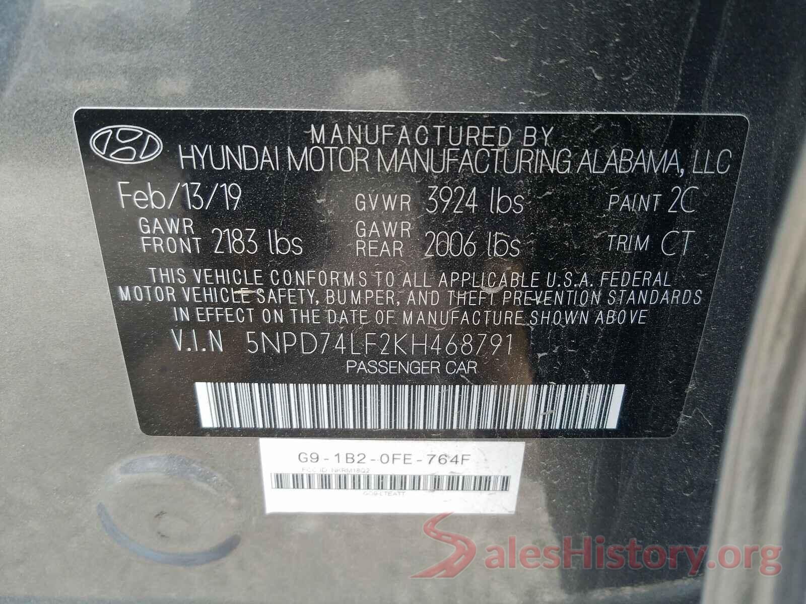 5NPD74LF2KH468791 2019 HYUNDAI ELANTRA