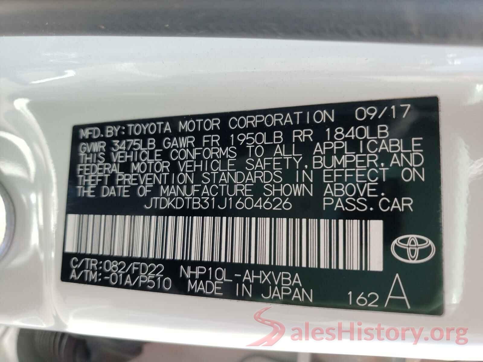 JTDKDTB31J1604626 2018 TOYOTA PRIUS