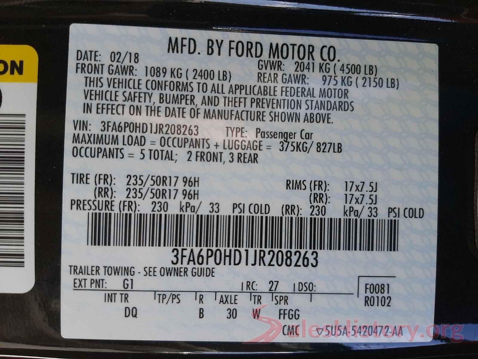 3FA6P0HD1JR208263 2018 FORD FUSION