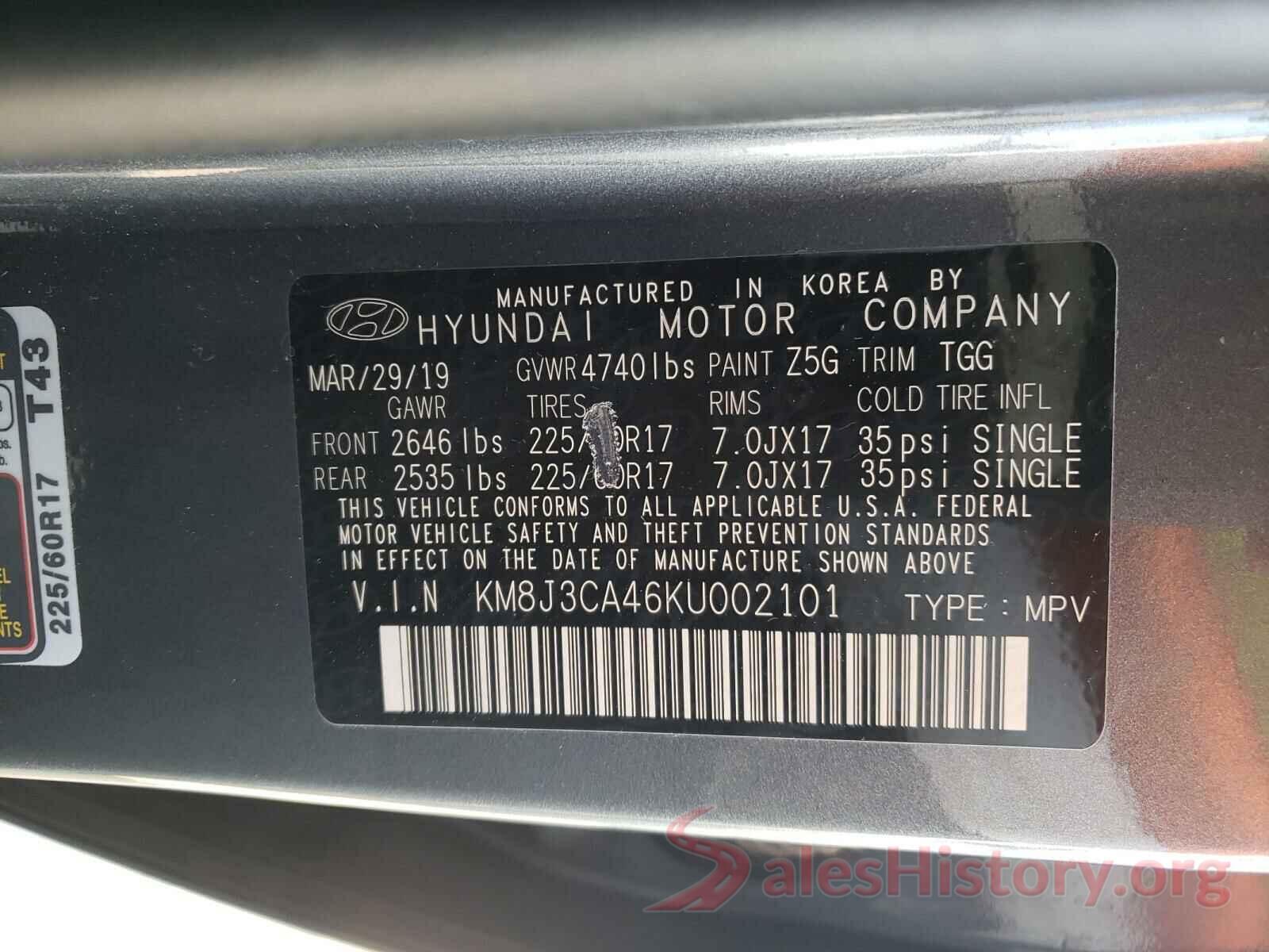 KM8J3CA46KU002101 2019 HYUNDAI TUCSON