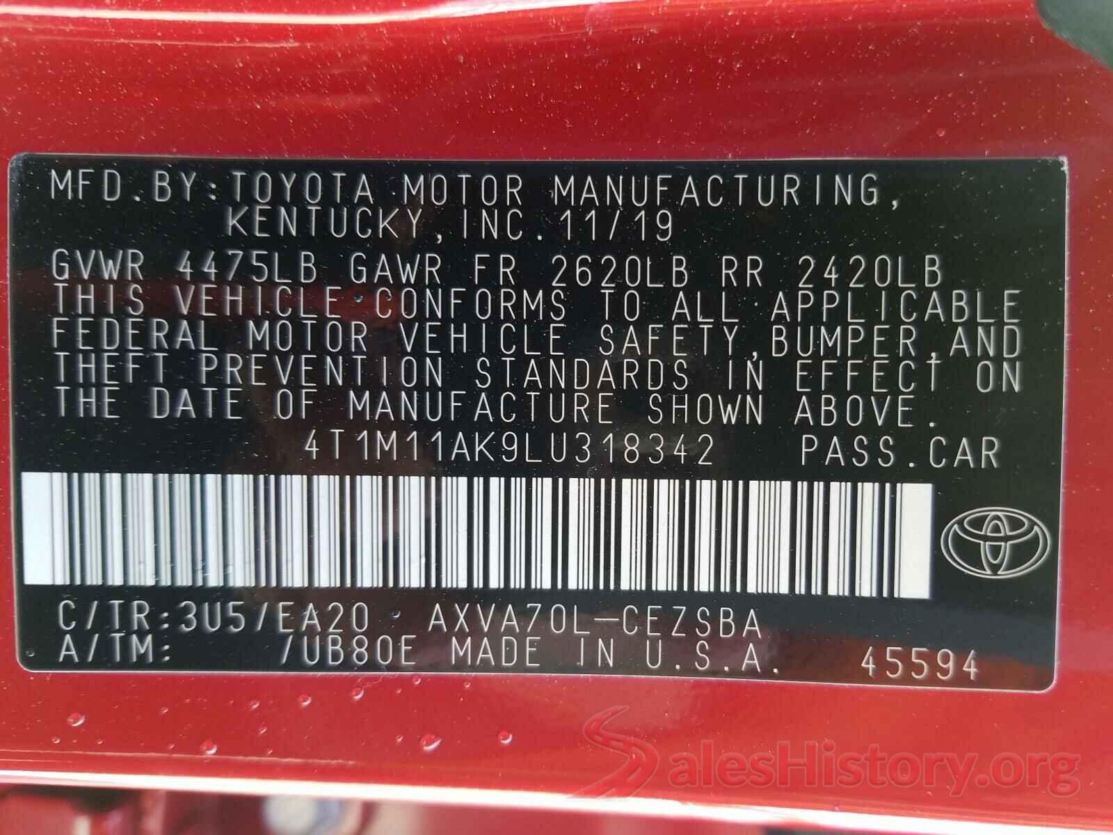 4T1M11AK9LU318342 2020 TOYOTA CAMRY