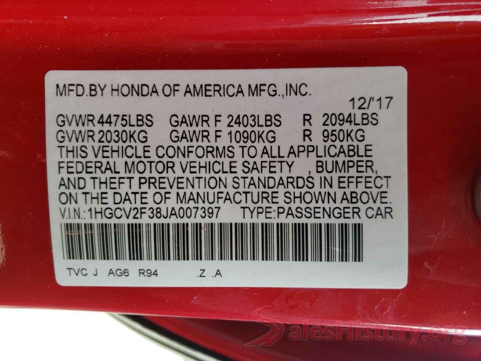 1HGCV2F38JA007397 2018 HONDA ACCORD