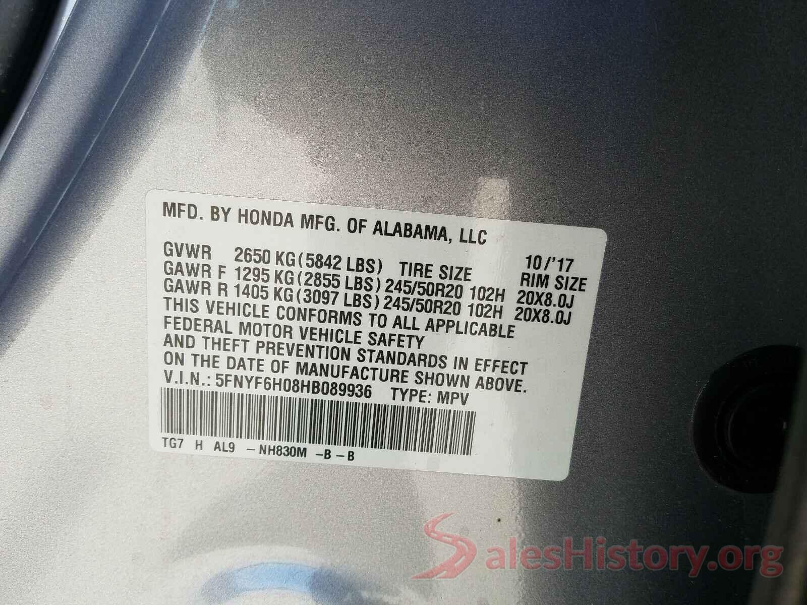 5FNYF6H08HB089936 2017 HONDA PILOT