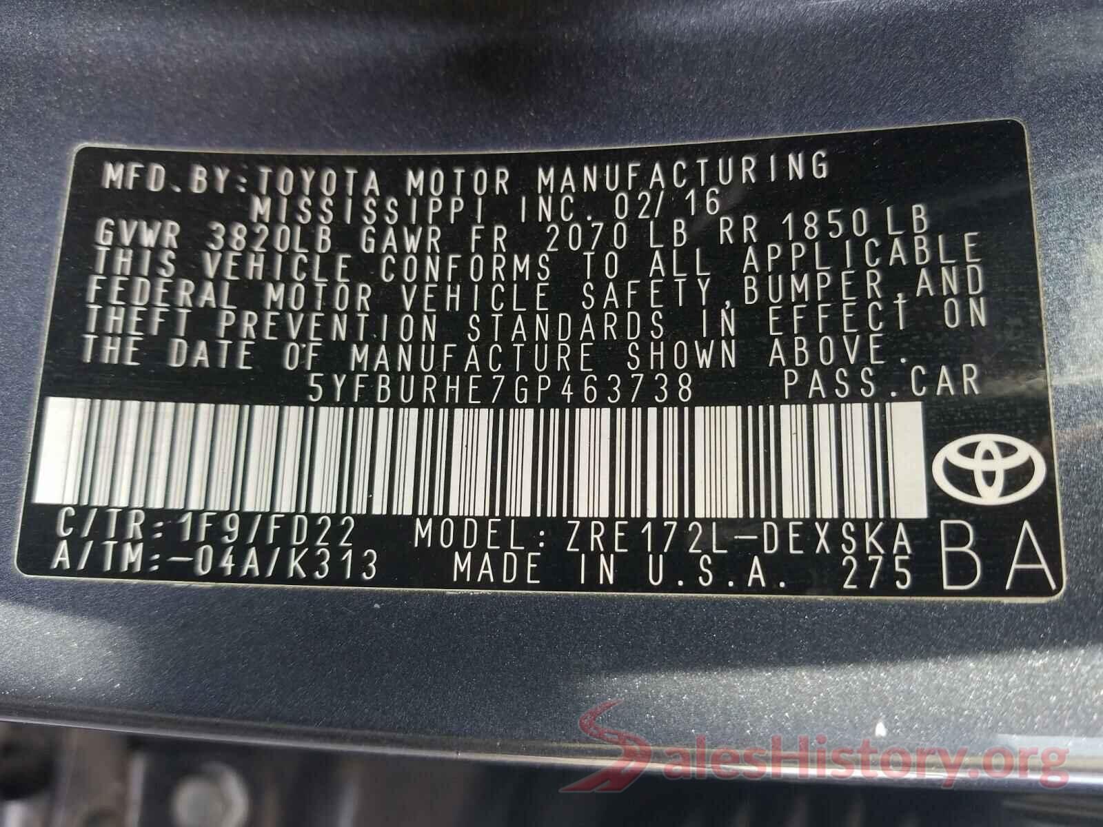 5YFBURHE7GP463738 2016 TOYOTA COROLLA