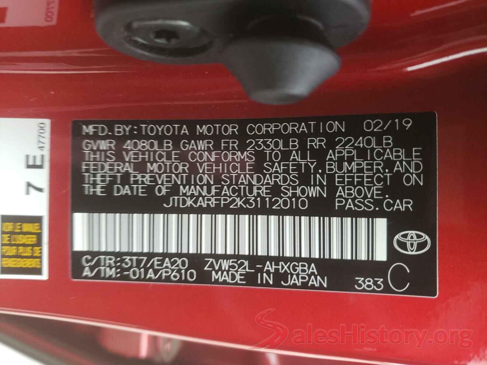 JTDKARFP2K3112010 2019 TOYOTA PRIUS