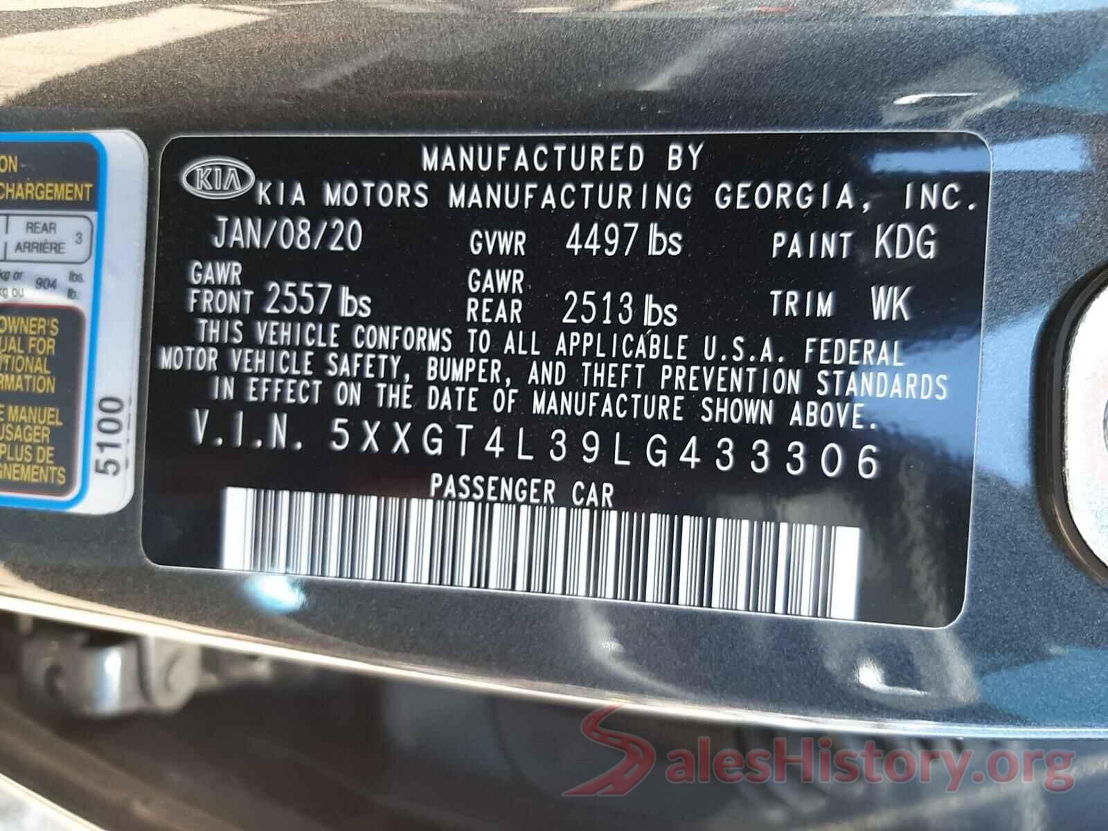 5XXGT4L39LG433306 2020 KIA OPTIMA