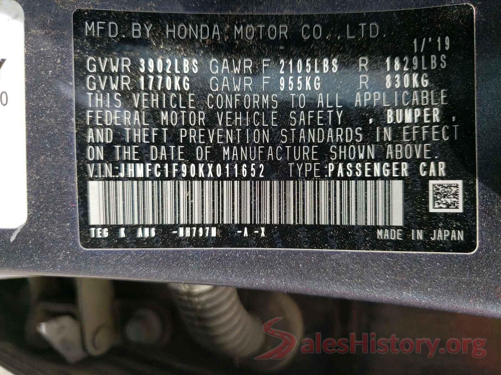 JHMFC1F90KX011652 2019 HONDA CIVIC