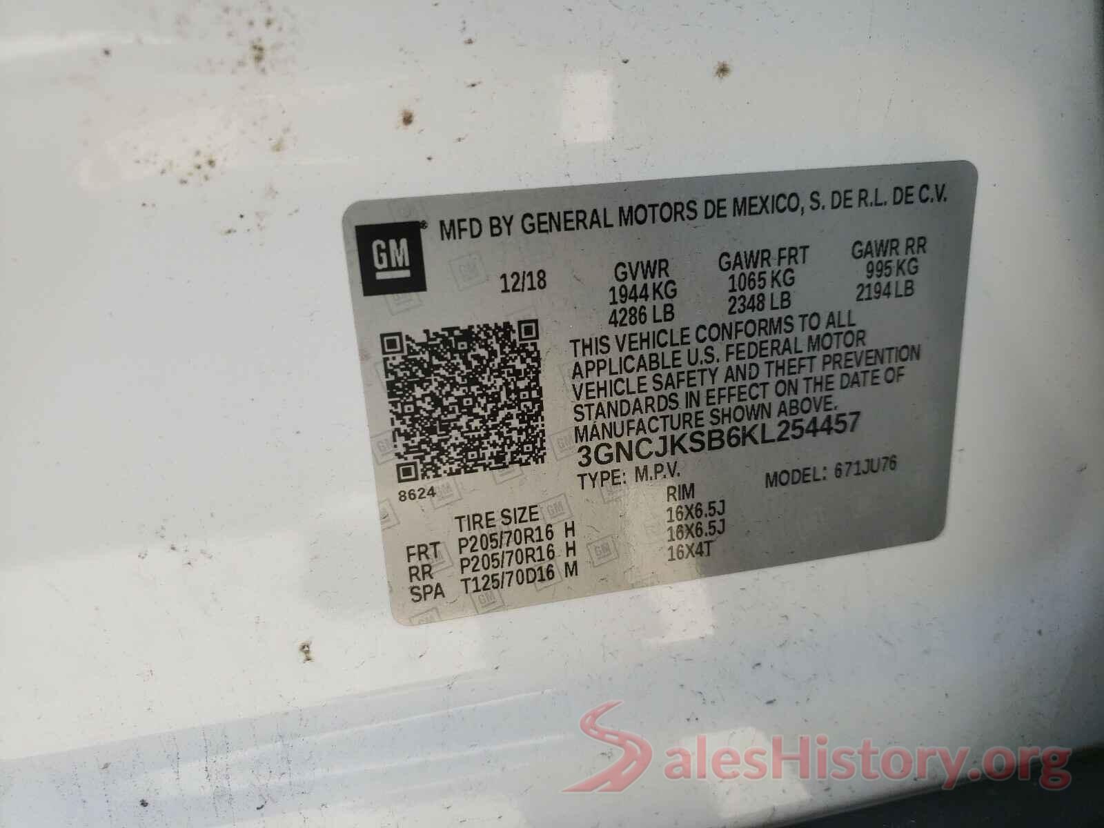 3GNCJKSB6KL254457 2019 CHEVROLET TRAX