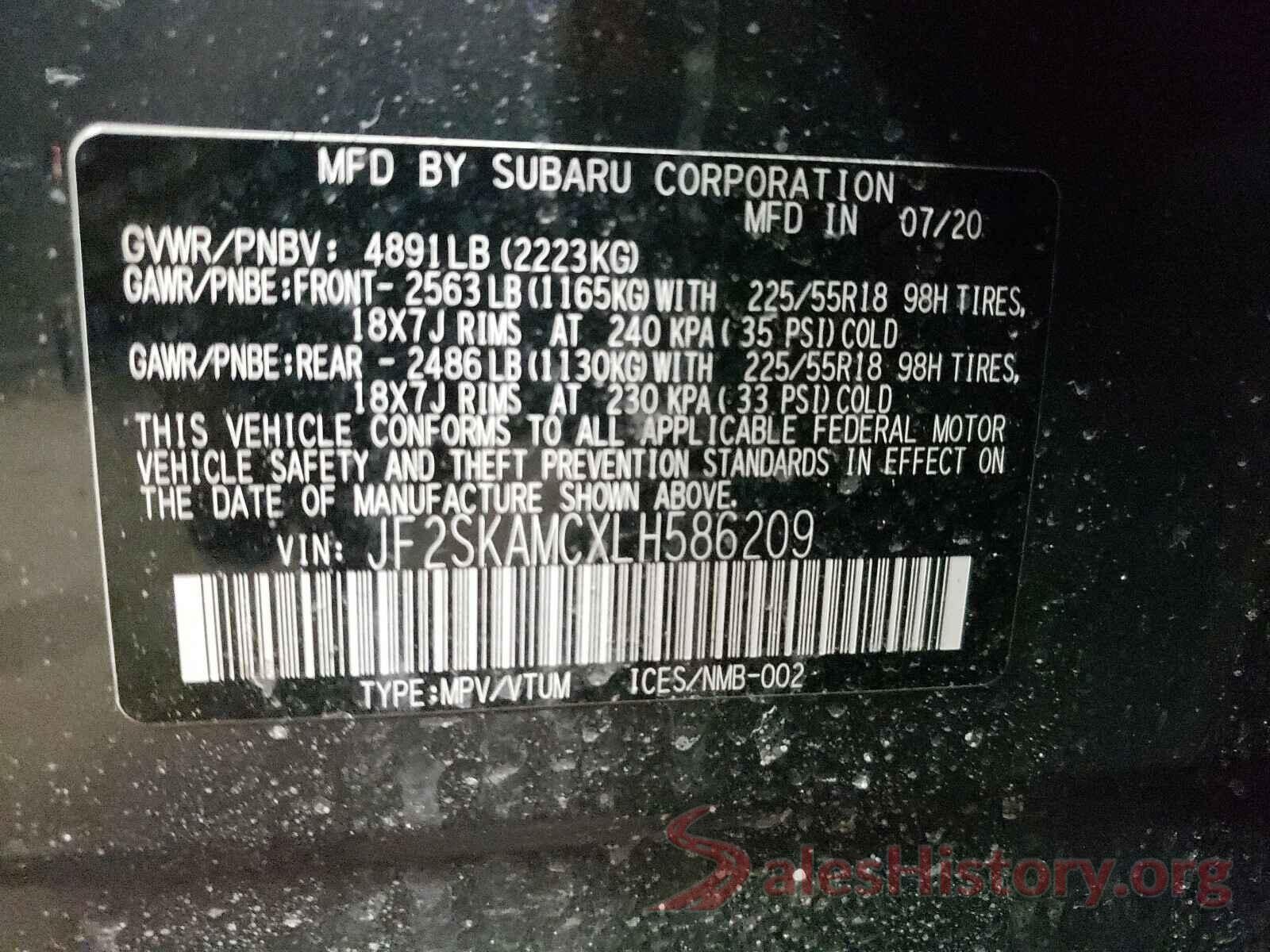 JF2SKAMCXLH586209 2020 SUBARU FORESTER