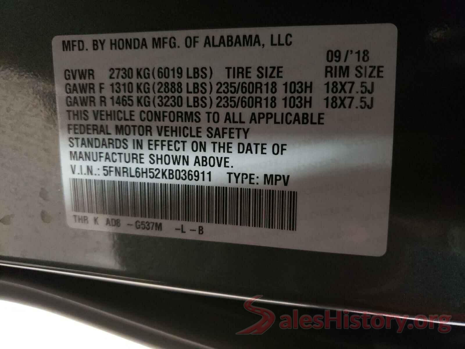 5FNRL6H52KB036911 2019 HONDA ODYSSEY