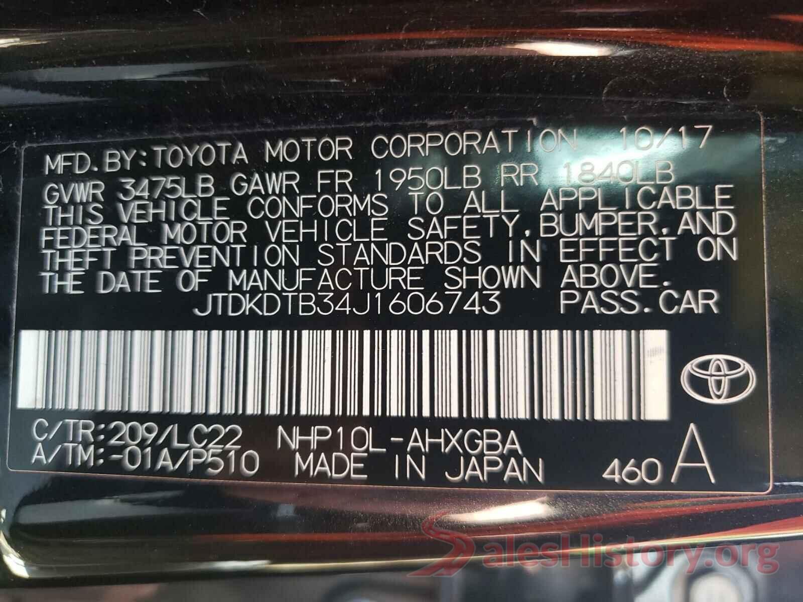 JTDKDTB34J1606743 2018 TOYOTA PRIUS