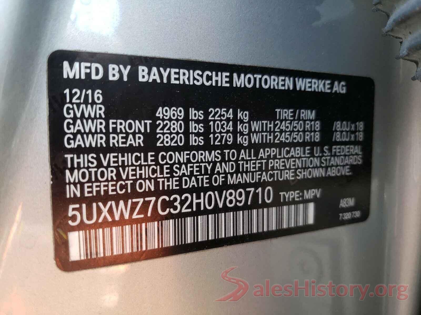 5UXWZ7C32H0V89710 2017 BMW X3