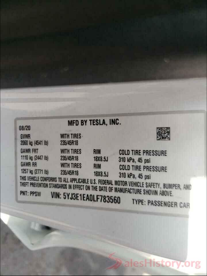 5YJ3E1EA0LF783560 2020 TESLA MODEL 3