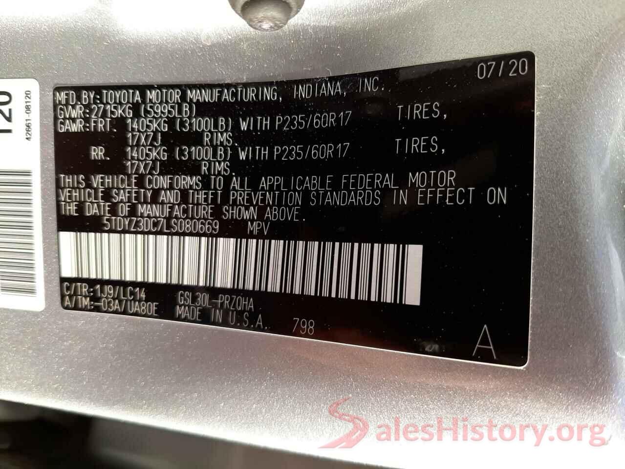 5TDYZ3DC7LS080669 2020 TOYOTA SIENNA