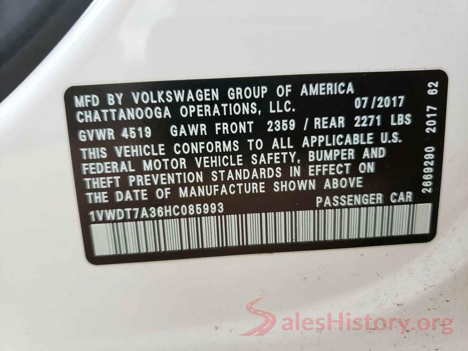 1VWDT7A36HC085993 2017 VOLKSWAGEN PASSAT