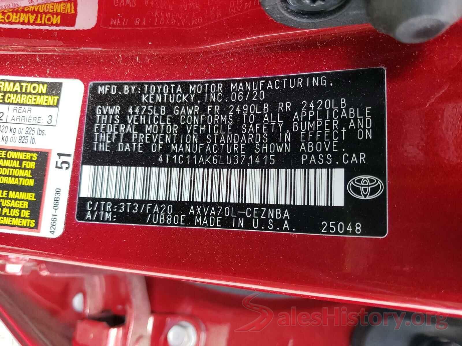 4T1C11AK6LU371415 2020 TOYOTA CAMRY