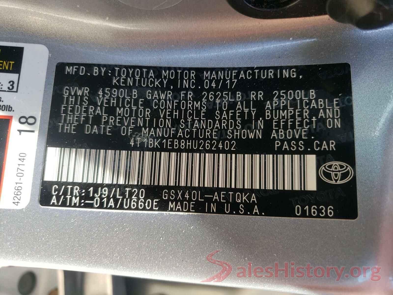 4T1BK1EB8HU262402 2017 TOYOTA AVALON